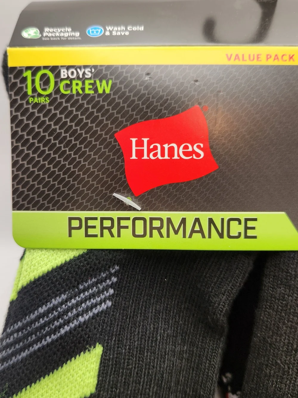 Hanes Performance Boys' Crew Socks - Black with Lime & Orange Accents